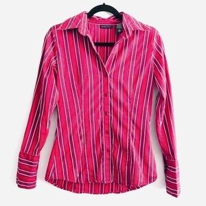 NY & Co. Shirt XS Button Down Holiday Red Metallic Silver Striped Valentine